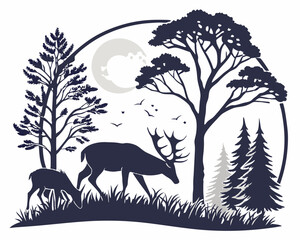 Silhouette of a tree and deer in a sunset forest landscape