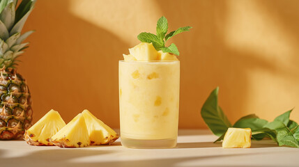 A vibrant pineapple smoothie, creamy and refreshing, is showcased with a sprig of fresh mint on top, surrounded by pineapple slices in warm, inviting light.