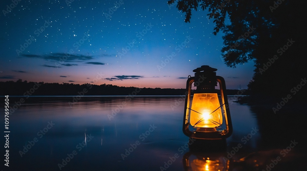 Poster glowing lantern floating on a serene river its soft light reflected in the still waters under a star