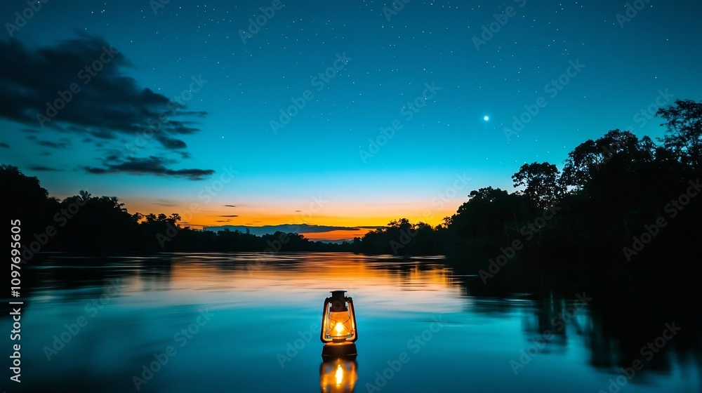 Aufkleber glowing lantern floating on a calm reflective river under a starlit moody night sky creating a seren
