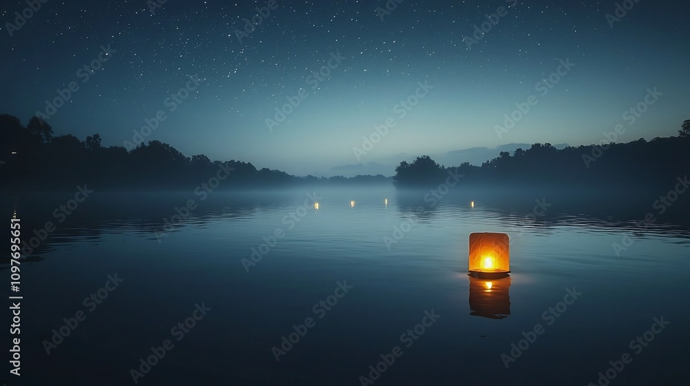 Poster glowing lantern gently floating on a tranquil river mirrored in the still waters beneath a starry ni