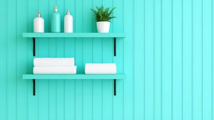 Turquoise Bathroom Shelves  Towels  Plants  Bottles  Spa Decor