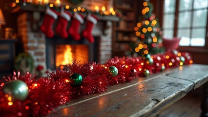 Rustic Christmas, Red Tinsel Garland, Ornaments, Fireplace & Santa Suits