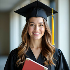 Young female college student in a square academic cap holding a book. Perfect for graduation, education, and achievement themes.