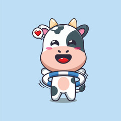 Cute cow playing hula hoop cartoon vector illustration