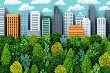 A vibrant city skyline blends with lush greenery, showcasing a harmonious balance between urban architecture and nature.