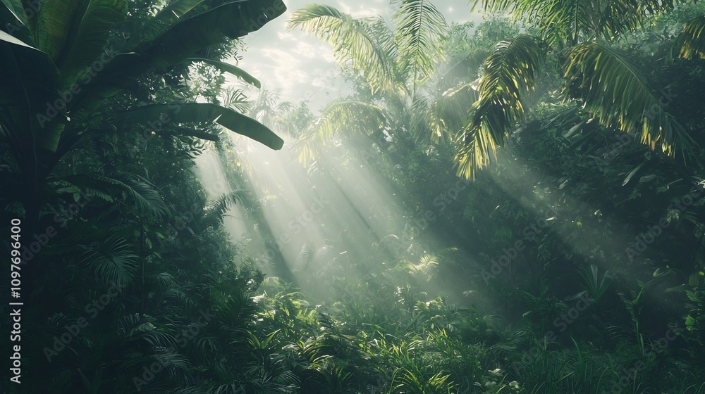 Poster lush and verdant green forest with sun rays filtering through the dense canopy creating a serene and