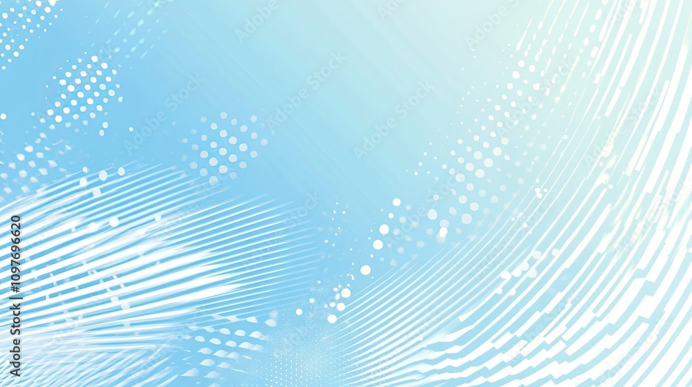 Poster abstract light blue background with dynamic lines and dots, creating a sense of motion and depth.