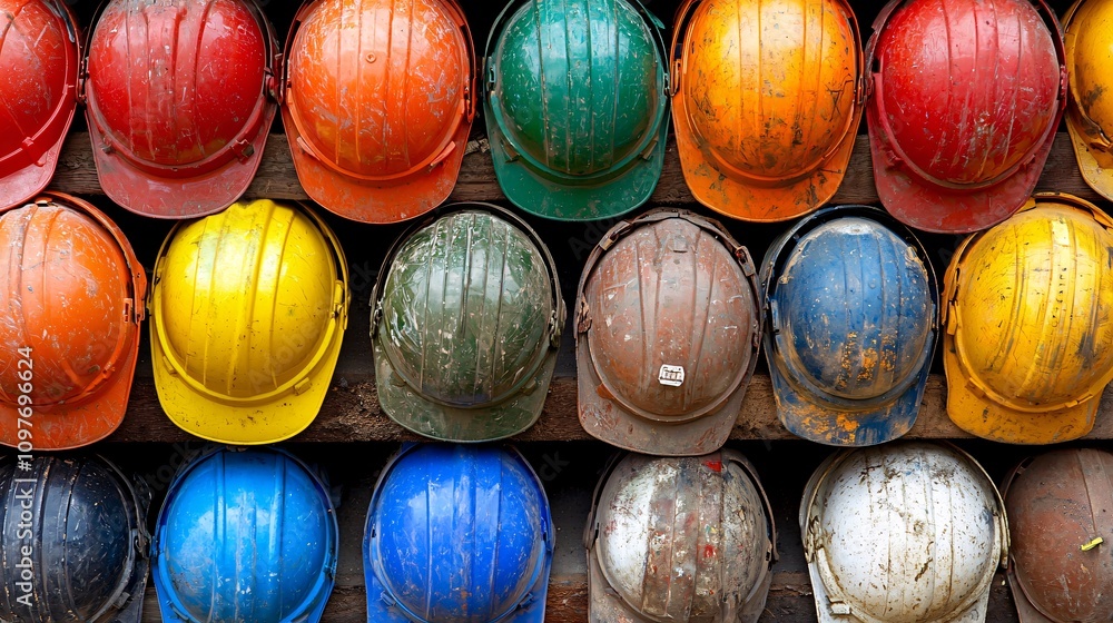 Poster workers wearing hard hats engaging in a team discussion about workplace insurance and security stock