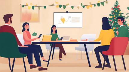 Fototapeta premium A team listening to a woman presenting ideas in a holiday-decorated office environment 