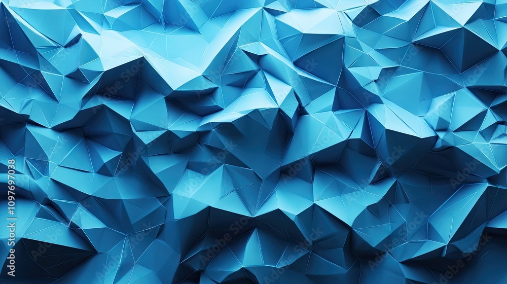 Poster abstract blue polygonal surface with intricate triangular facets and textures.
