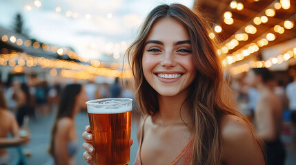 plastic glass of beer with a blurred college campus background, symbolizing relaxation, social interaction, and casual moments with friends in a university setting