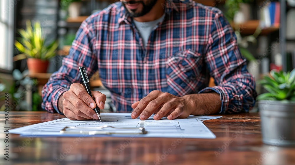 Poster worker sitting at a desk filling out an insurance claim form with detailed documents spread around s