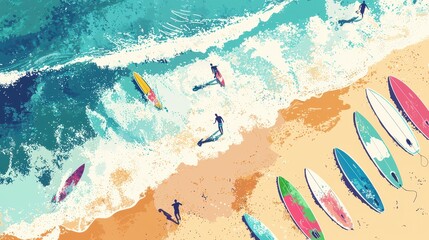 A vibrant beach scene with surfers riding waves, colorful surfboards lined on the sand, and a clear blue ocean under a sunny sky.