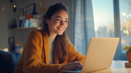 Fototapeta premium Candid shot of businesswoman smiling while video conferencing at home office indoor environment natural light for engaging personal branding