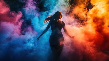 Obraz premium Silhouette of woman with colorful smoke and dark backdrop.