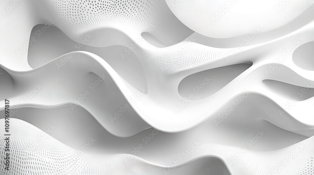 Poster abstract wave pattern in pure white tones, creating a sense of depth and fluidity.