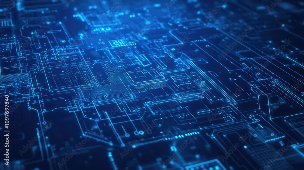 Poster abstract technology background featuring intricate circuit patterns in glowing blue hues.