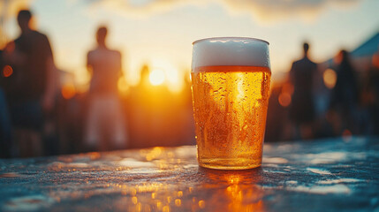 plastic glass of beer with a blurred college campus background, symbolizing relaxation, social interaction, and casual moments with friends in a university setting