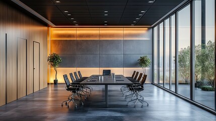 Fototapeta premium Modern conference room with sleek design, featuring a large table and panoramic windows.