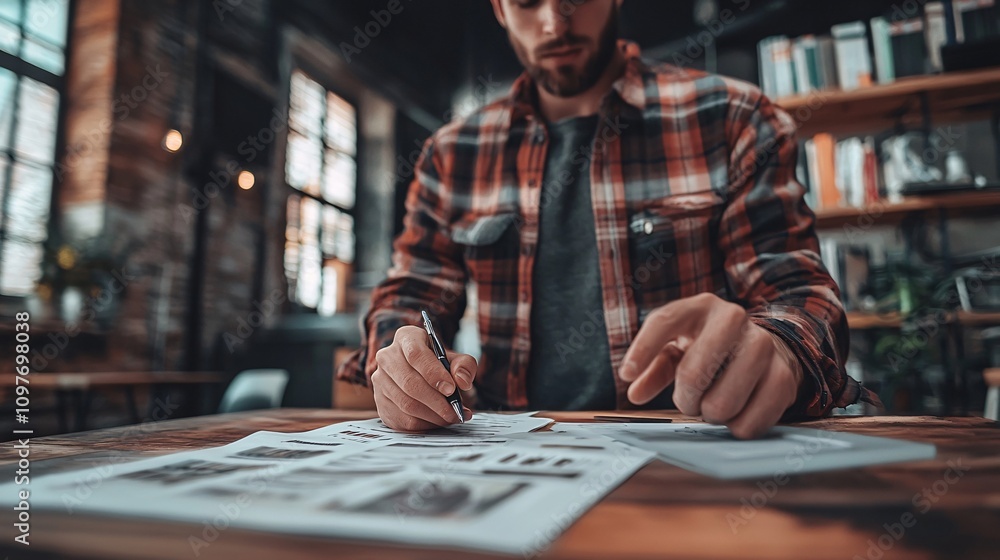 Poster Worker pointing at a chart explaining the steps of the insurance claims process in a break room Stock Photo with side copy space