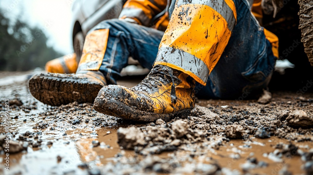 Poster workplace accident scene showing a manager calling for help as an injured worker sits nearby stock p