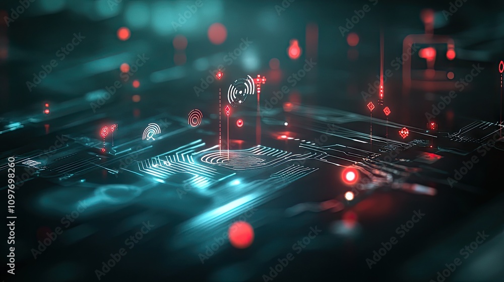 Aufkleber futuristic circuit board with glowing red elements, creating a tech-inspired, digital atmosphere.