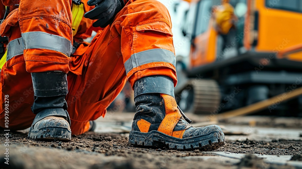 Poster Paramedic attending to a worker with a sprained ankle at a construction site with equipment in the background Stock Photo with side copy space