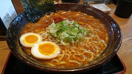 Steaming hot bowl of traditional Japanese ramen noodles garnished with sliced hard boiled eggs and fresh green onions creating an appetizing and comforting dish full of savory umami flavors