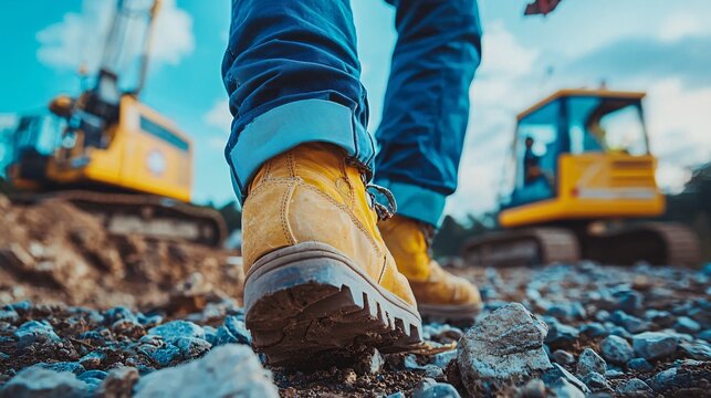 Paramedic attending to a worker with a sprained ankle at a construction site with equipment in the background Stock Photo with side copy space