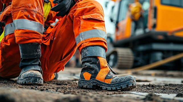 Paramedic attending to a worker with a sprained ankle at a construction site with equipment in the background Stock Photo with side copy space