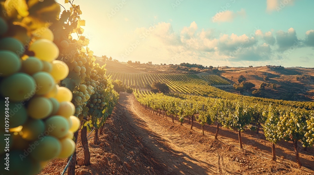 Poster sunlit vineyard rows with ripe grapes hanging on vines