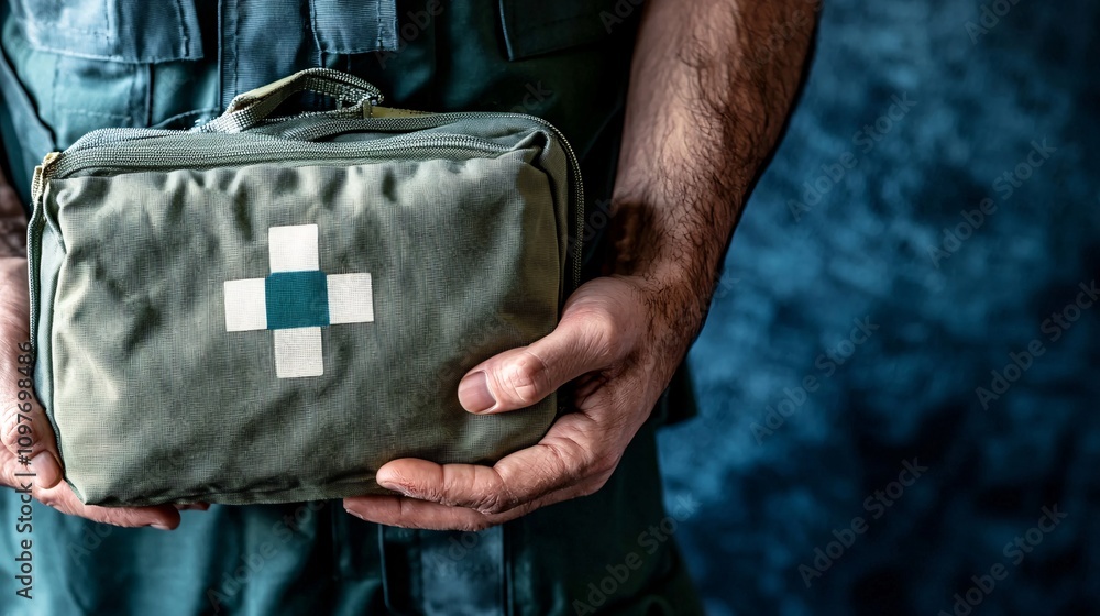Poster first aid kit in focus as a supervisor attends to a minor cut on a worker's hand in a clean workspac