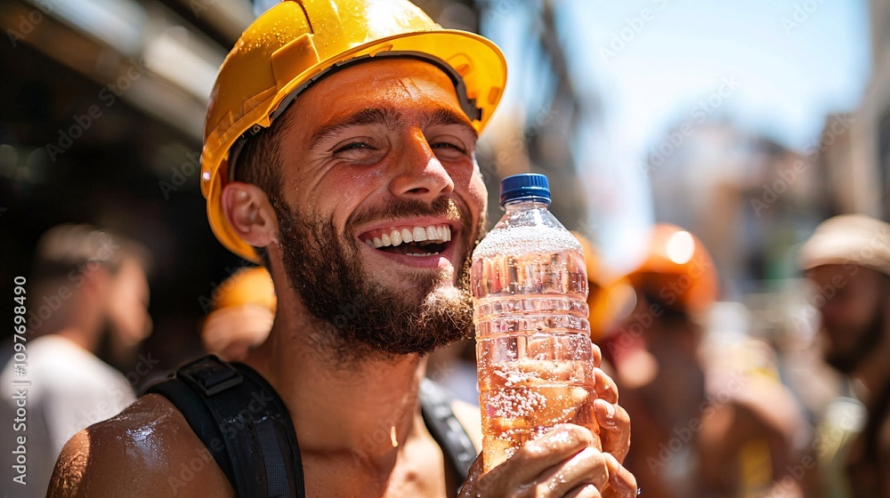 Poster scene of a worker experiencing heat exhaustion during outdoor work with colleagues helping them hydr