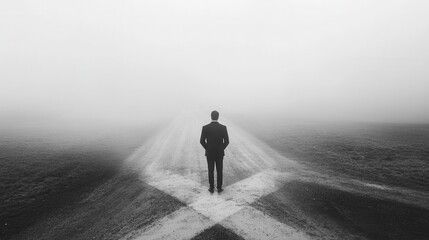 Businessman Crossroads Decision Foggy Morning Landscape