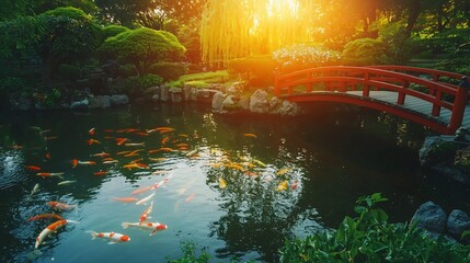 Fototapeta premium Tranquil traditional Japanese garden with a serene koi pond and iconic red bridge surrounded by lush foliage under the soft warm glow of a sunrise