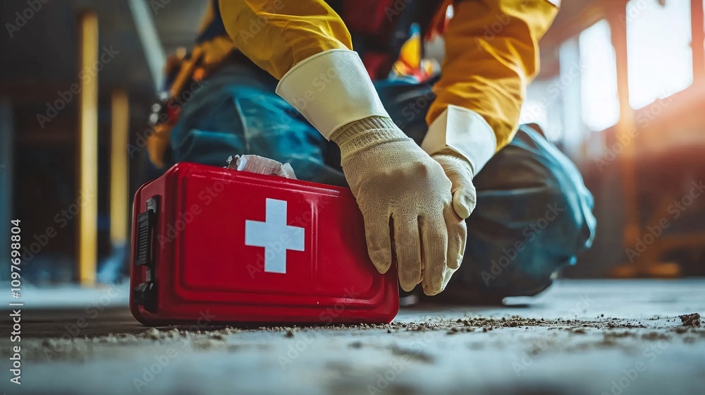 Poster Worker bandaging a colleague's hand with a first aid kit open on the floor at a job site Stock Photo with side copy space