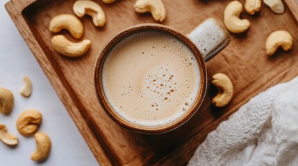 cashew milk. A cozy coffee cup sits on a wooden tray, surrounded by cashew nuts, creating a warm and inviting atmosphere perfect for relaxation.