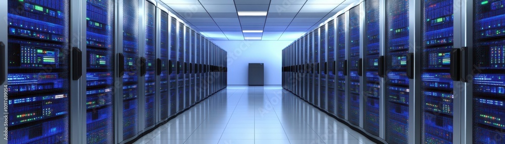 Poster inside the server room, comprehensive view of modern network infrastructure and data management