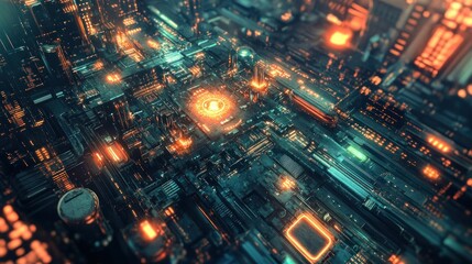 Obraz premium Futuristic digital cityscape with glowing circuits and structures.
