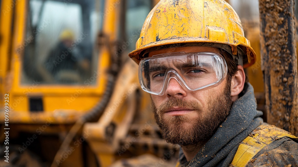 Poster worker wearing safety goggles operating heavy machinery with clear visual warnings and instructions 
