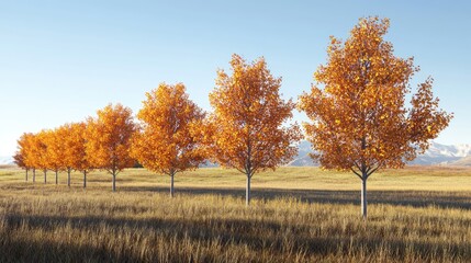 A row of vibrant orange-leaved trees stands against a clear blue sky in a serene landscape.