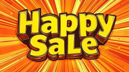 3D yellow "Happy Sale" text on orange rays background.