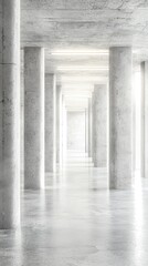 Minimalist Interior Design with Concrete Pillars and Reflective Floors in Modern Space Offering Brightness and Depth Through Abundant Natural Light