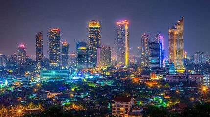 Vibrant neon lit cityscape showcasing a stunning array of illuminated skyscrapers and high rise buildings creating a dynamic and captivating metropolitan scene at nightfall