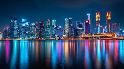 Fototapeta premium Vibrant neon illuminated skyline of a futuristic metropolitan city reflecting in the calm waters of a riverside or bay at night