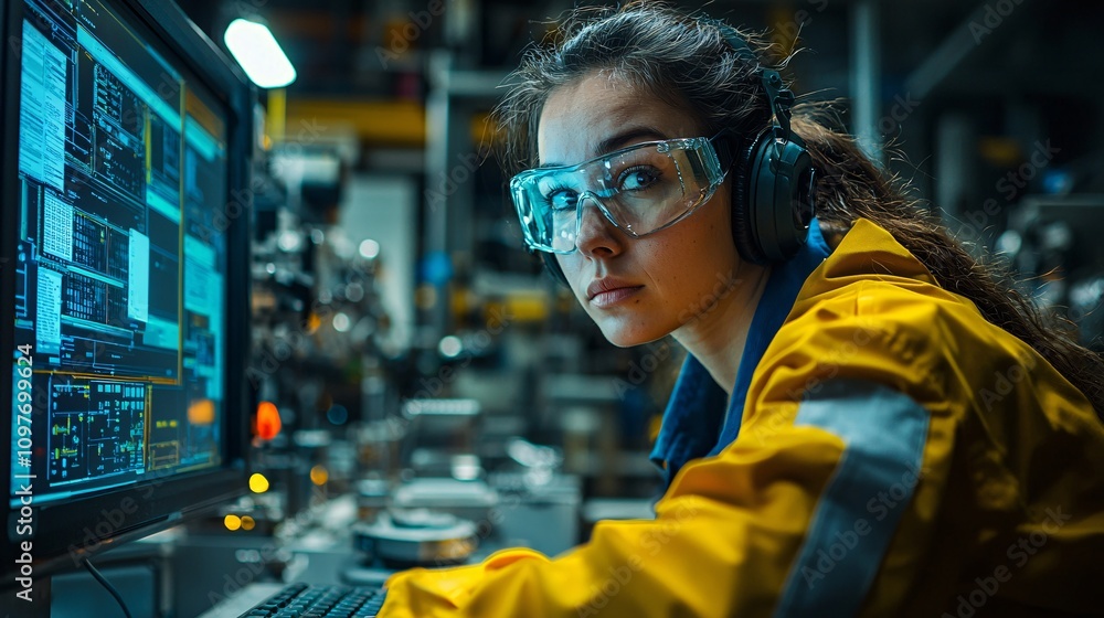 Poster Employee demonstrating proper ergonomic posture while working at a computer station to reduce risk Stock Photo with side copy space