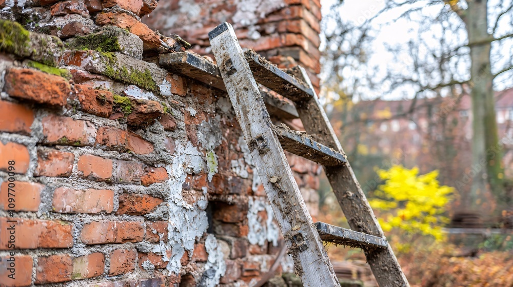 Poster scene of a broken ladder being replaced after inspection at a construction site stock photo with sid