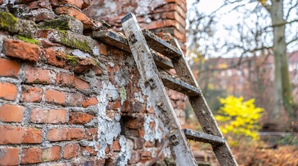 Scene of a broken ladder being replaced after inspection at a construction site Stock Photo with side copy space