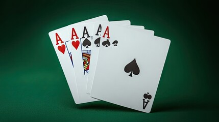 A stunning display of four aces from a deck of playing cards, highlighting their vibrant colors against a dark green backdrop.
